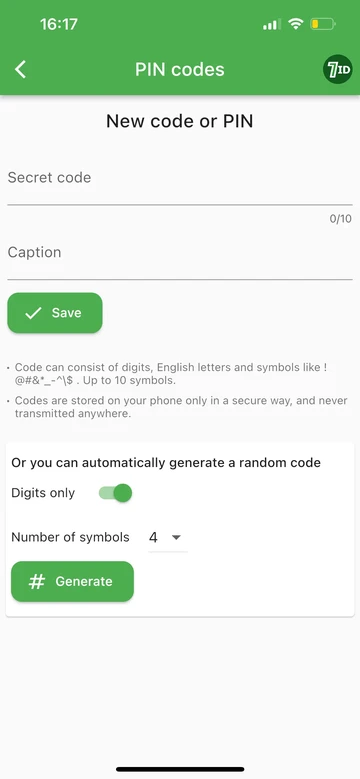 7ID: צור PIN או קוד